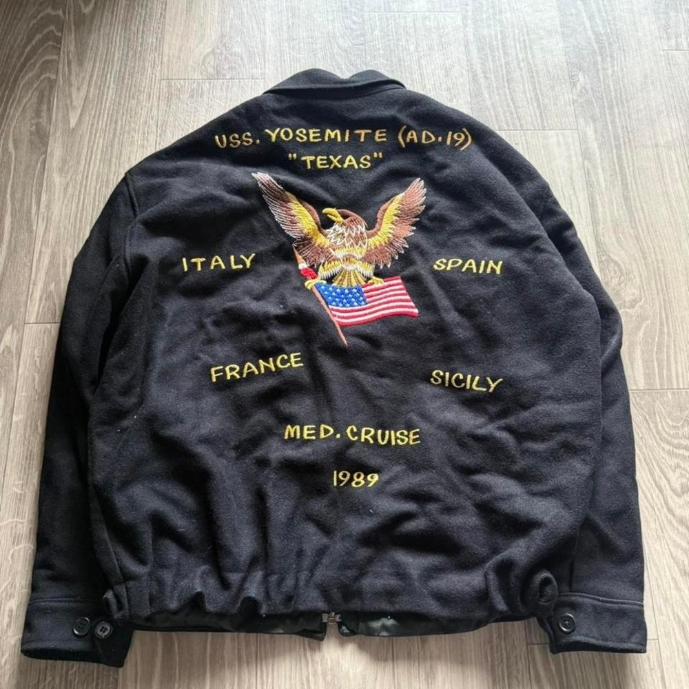 Vintage US Navy Cruiser Jacket Mens XL Black Souvenir Jacket USS YOSEMITE Texas